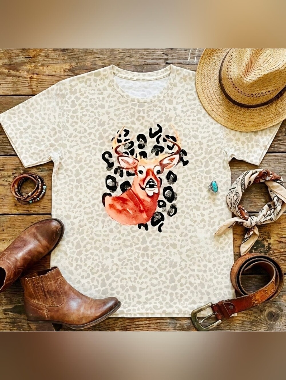 Leopard Print Deer Head Tee • Western Wildlife Graphic • Rustic Country Boho Top